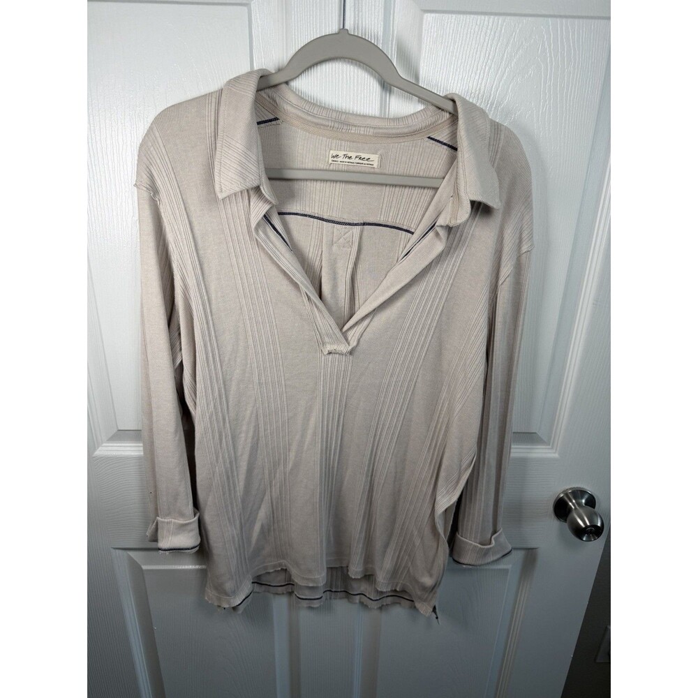 We the Free People Annie Ribbed Cream Black Collared V Neck Top Small Oversized